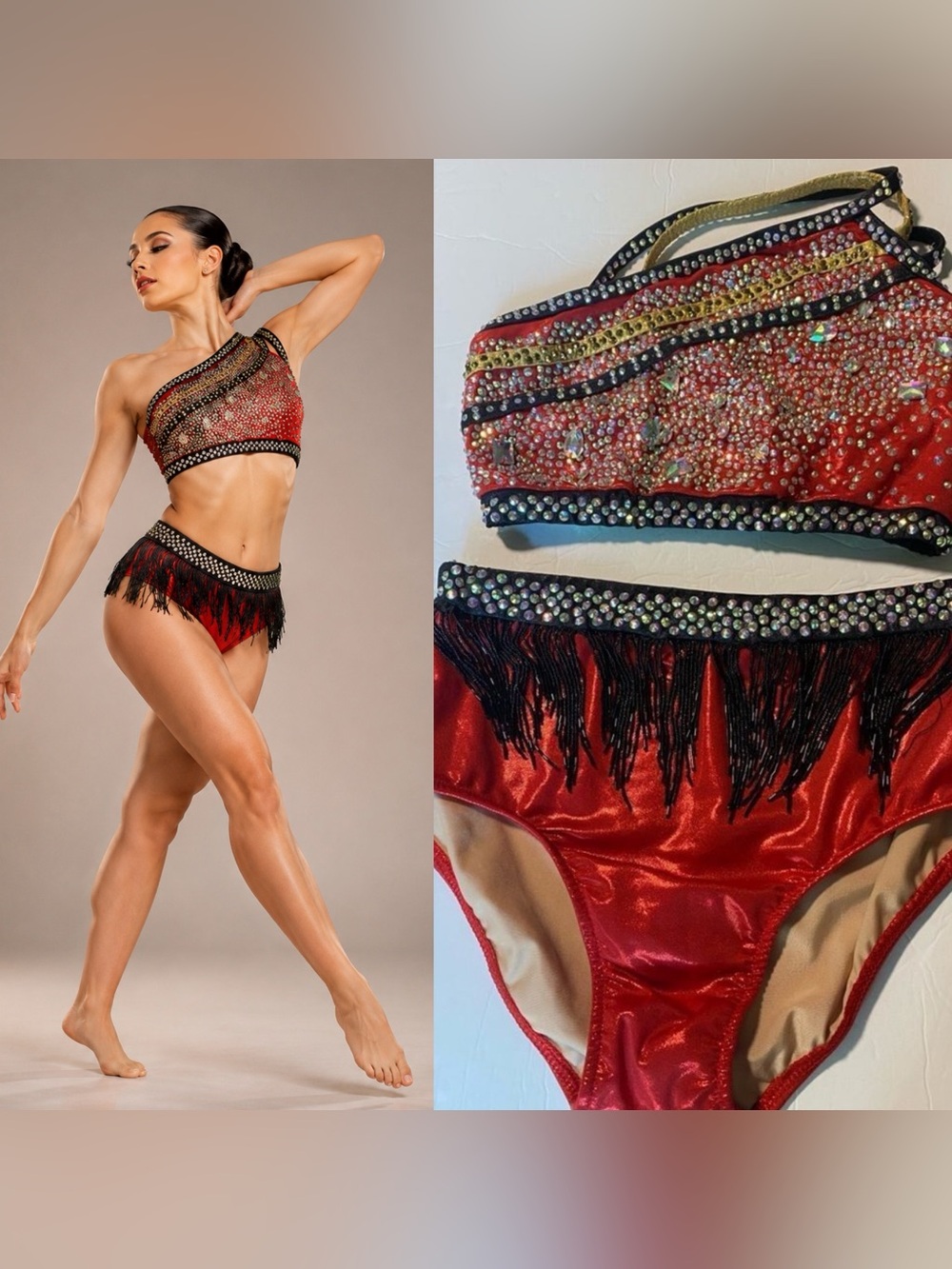 Glamour dance costume solo 2 piece red contemporary jazz fringe LC-large child